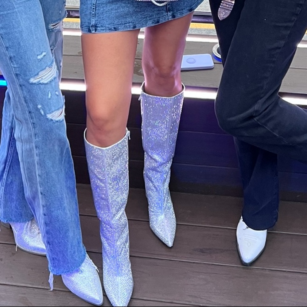 Rhinestone Tall Block Heel Boots